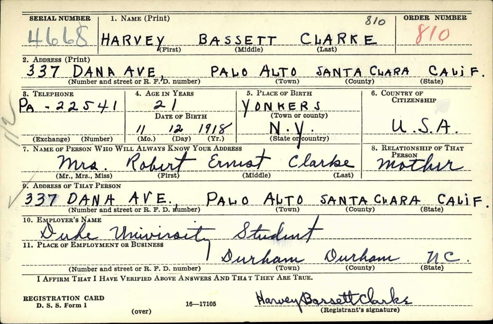 Harvey Bassett Clarke Draft Registration Card