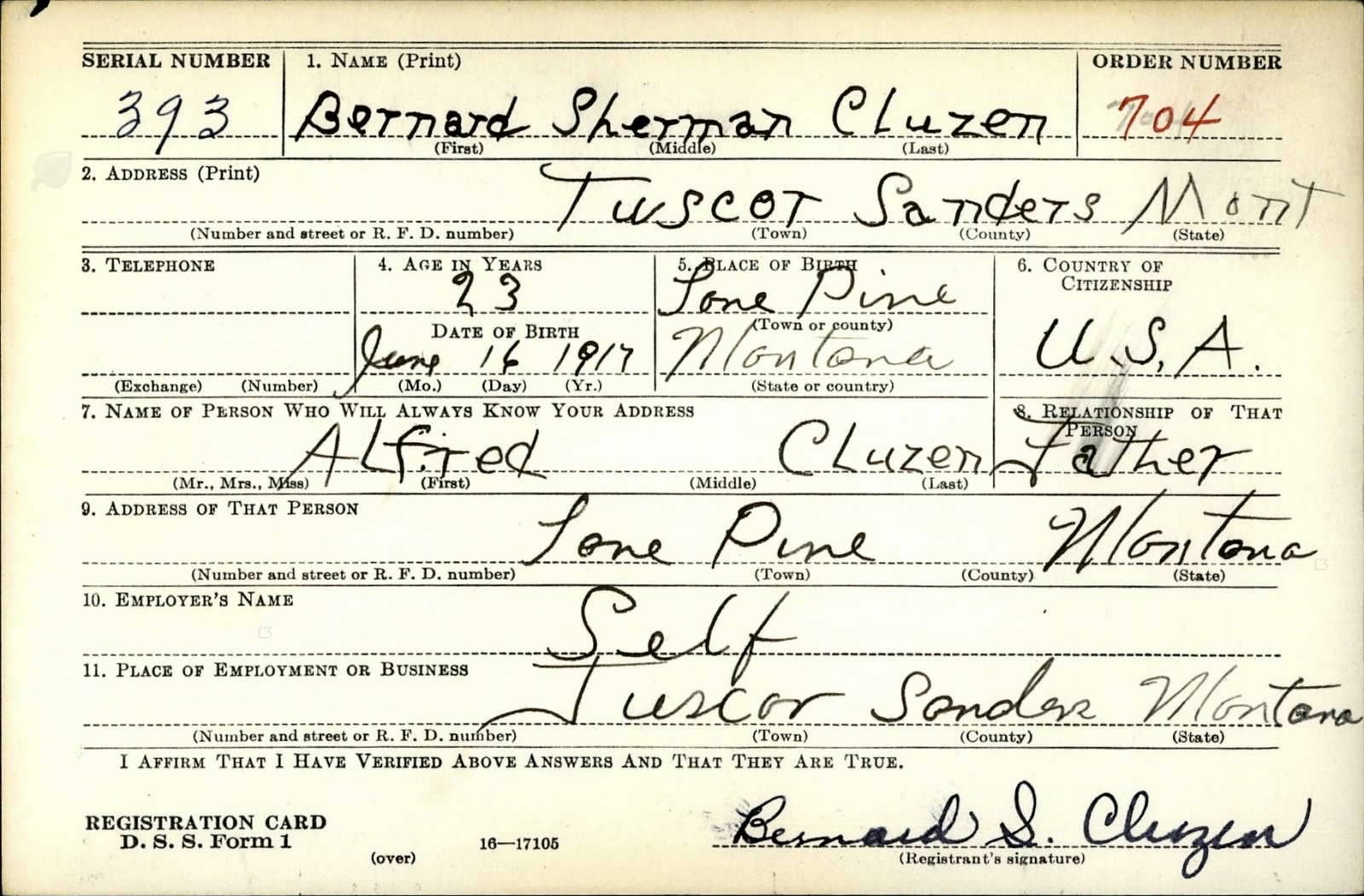Bernard Sherman Cluzen Draft Registration Card
