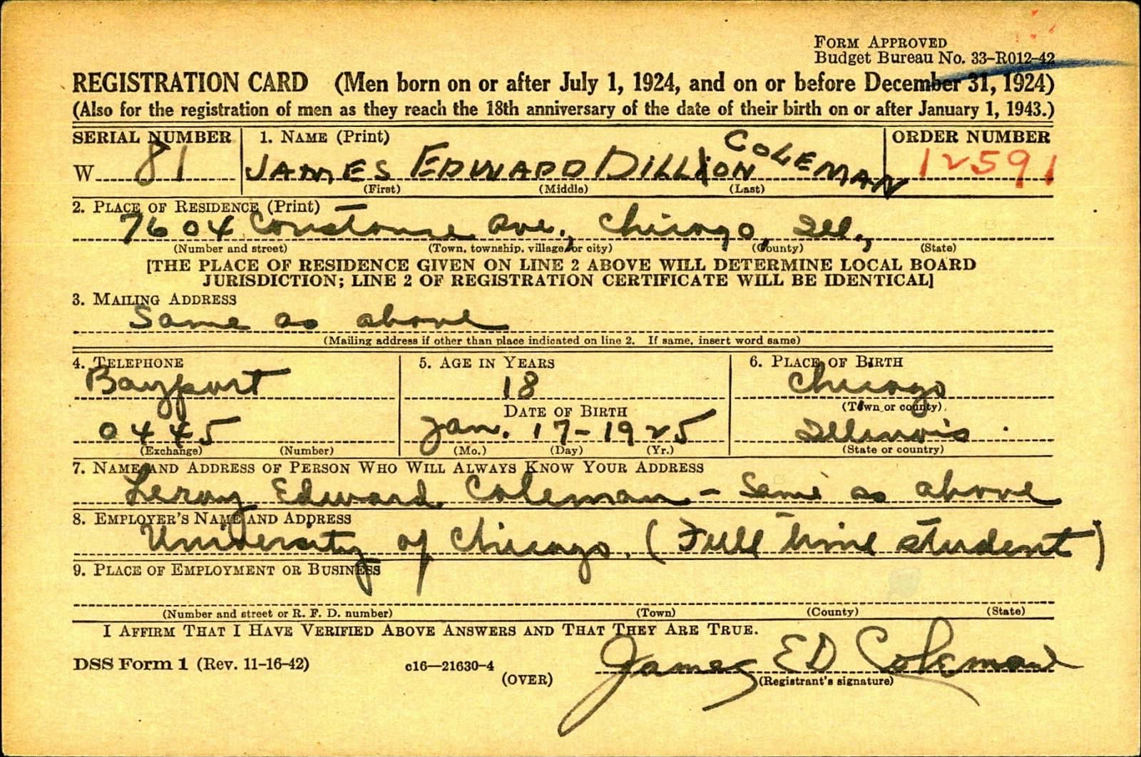 James Edward Coleman Draft Registration Card
