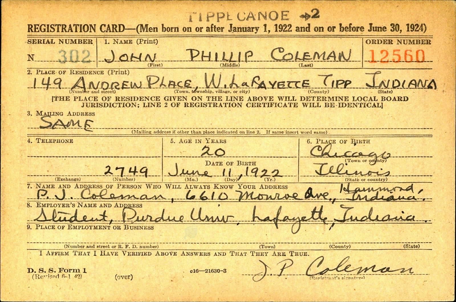 John Philip Coleman Draft Registration Card