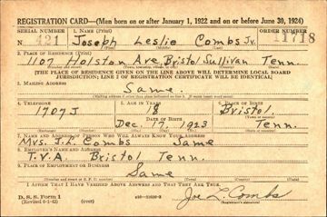 Joseph Leslie Combs Draft Registration Card