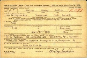 William Wesley Conklin Draft Registration Card