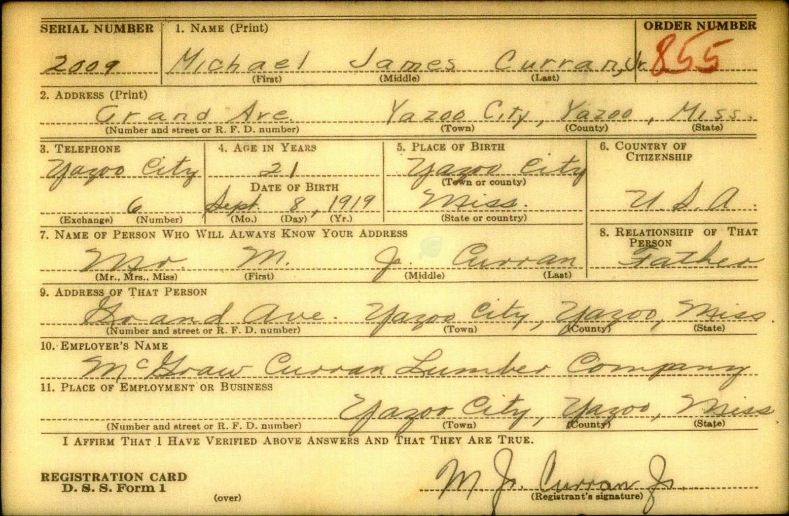 Michael James Curran Jr. Draft Registration Card