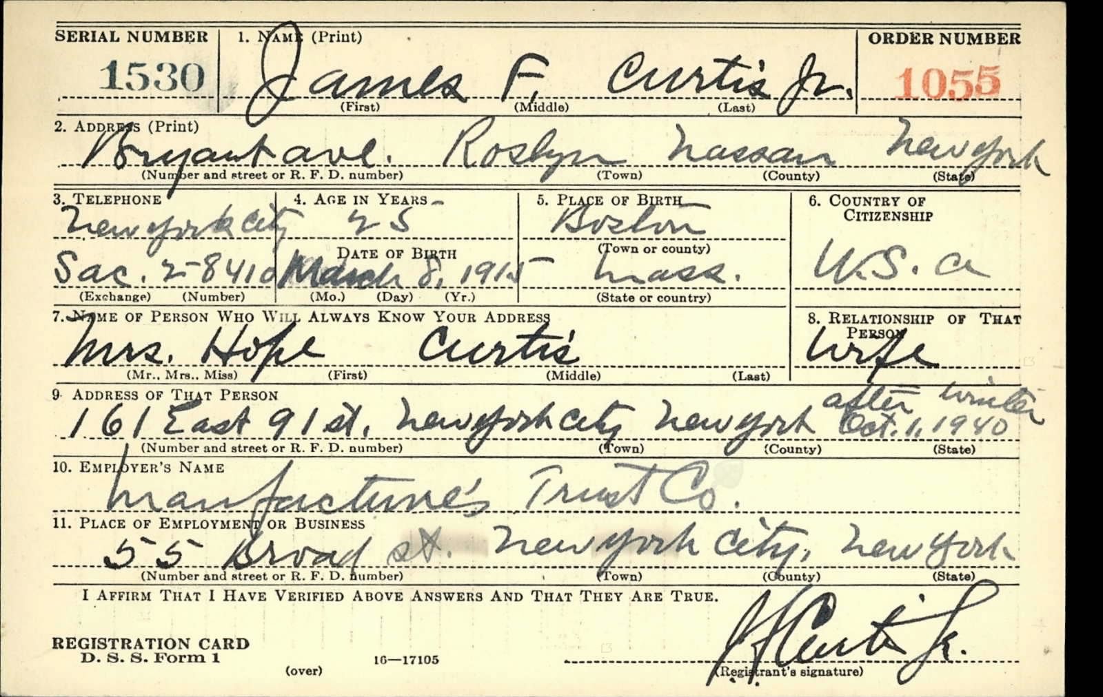James Freeman Curtis Jr. Draft Registration Card