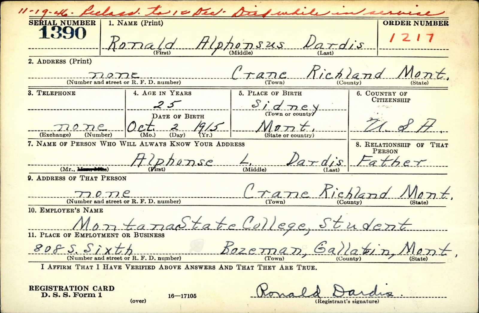 Ronald Alphonsus Dardis Draft Registration Card