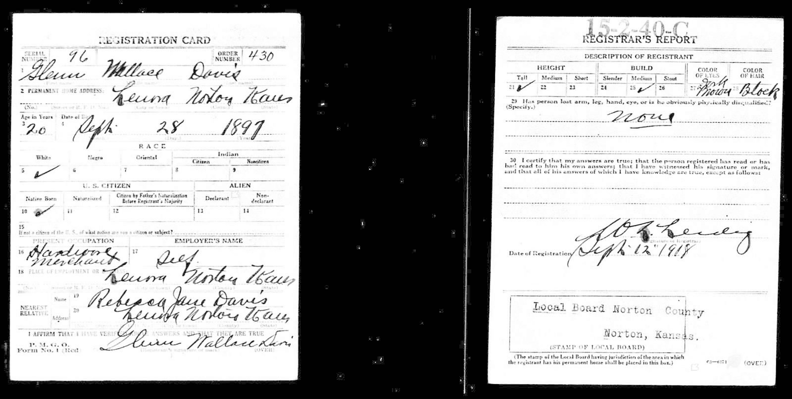 Glenn Wallace Davis Draft Registration Card
