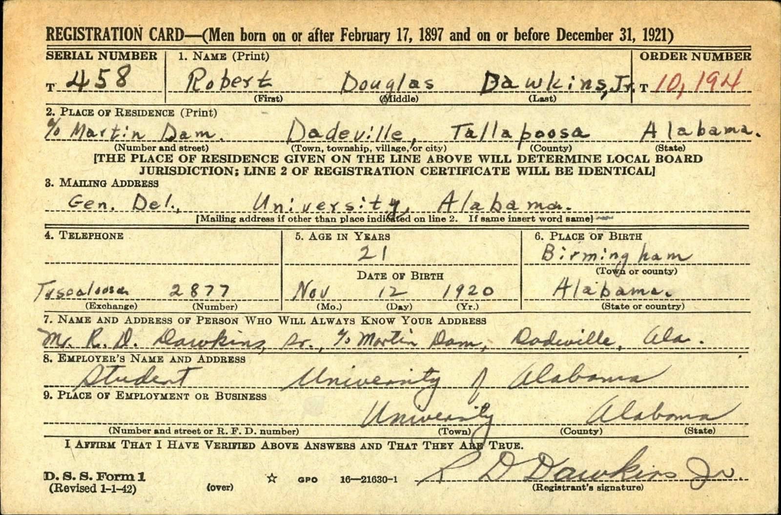 Robert Douglass Dawkins Jr. Draft Registration Card
