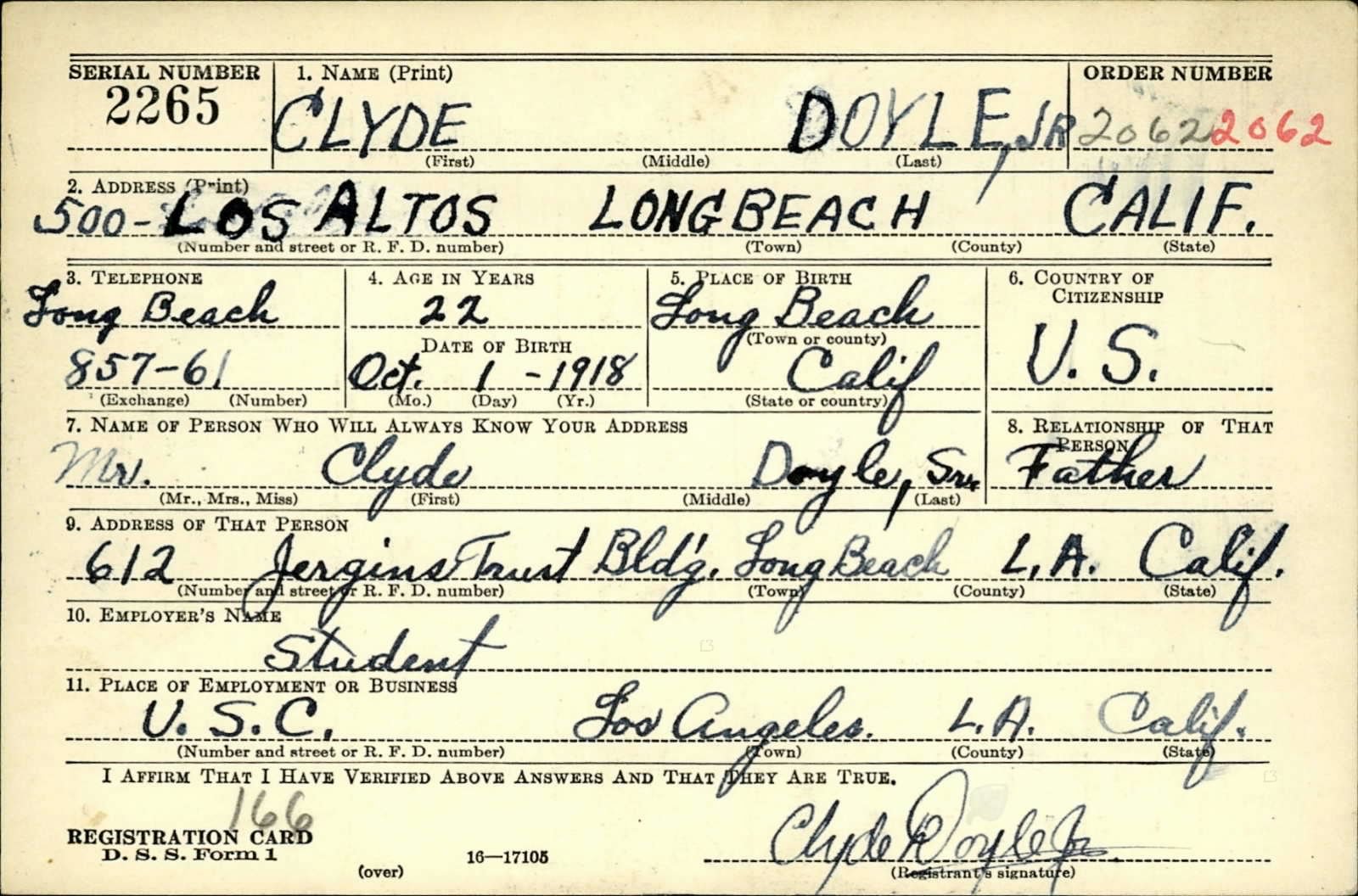 Clyde Doyle Jr. Draft Registration Card