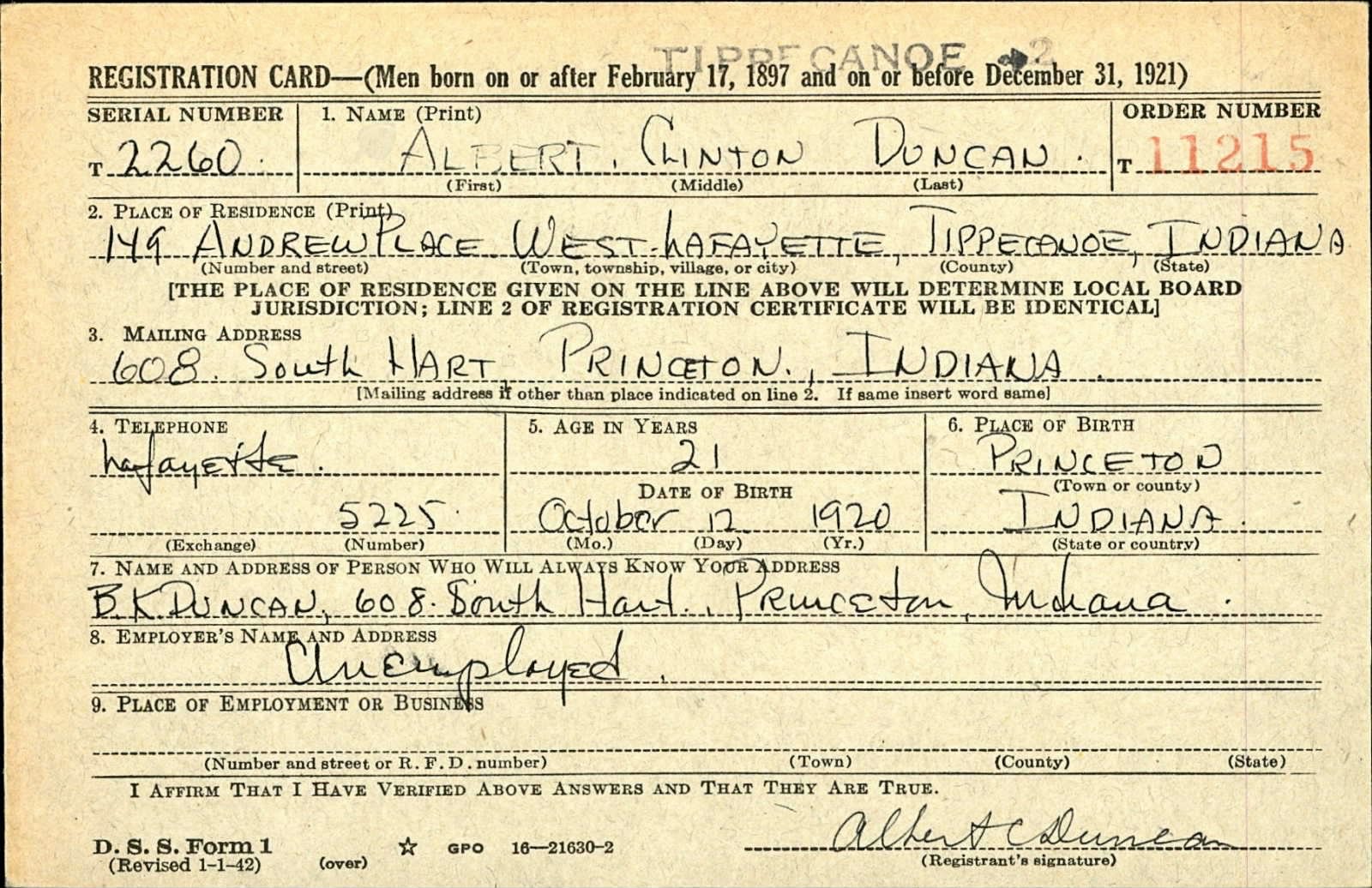 Albert Clinton Duncan Draft Registration Card