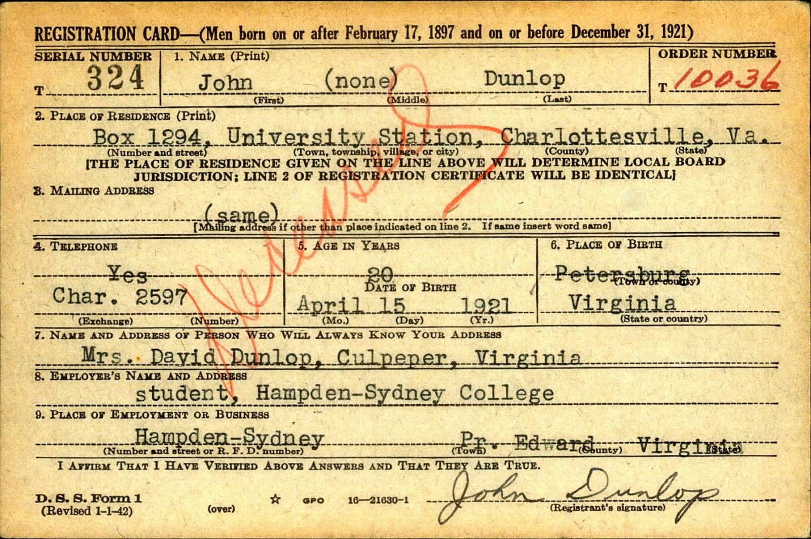 John Dunlop Draft Registration Card