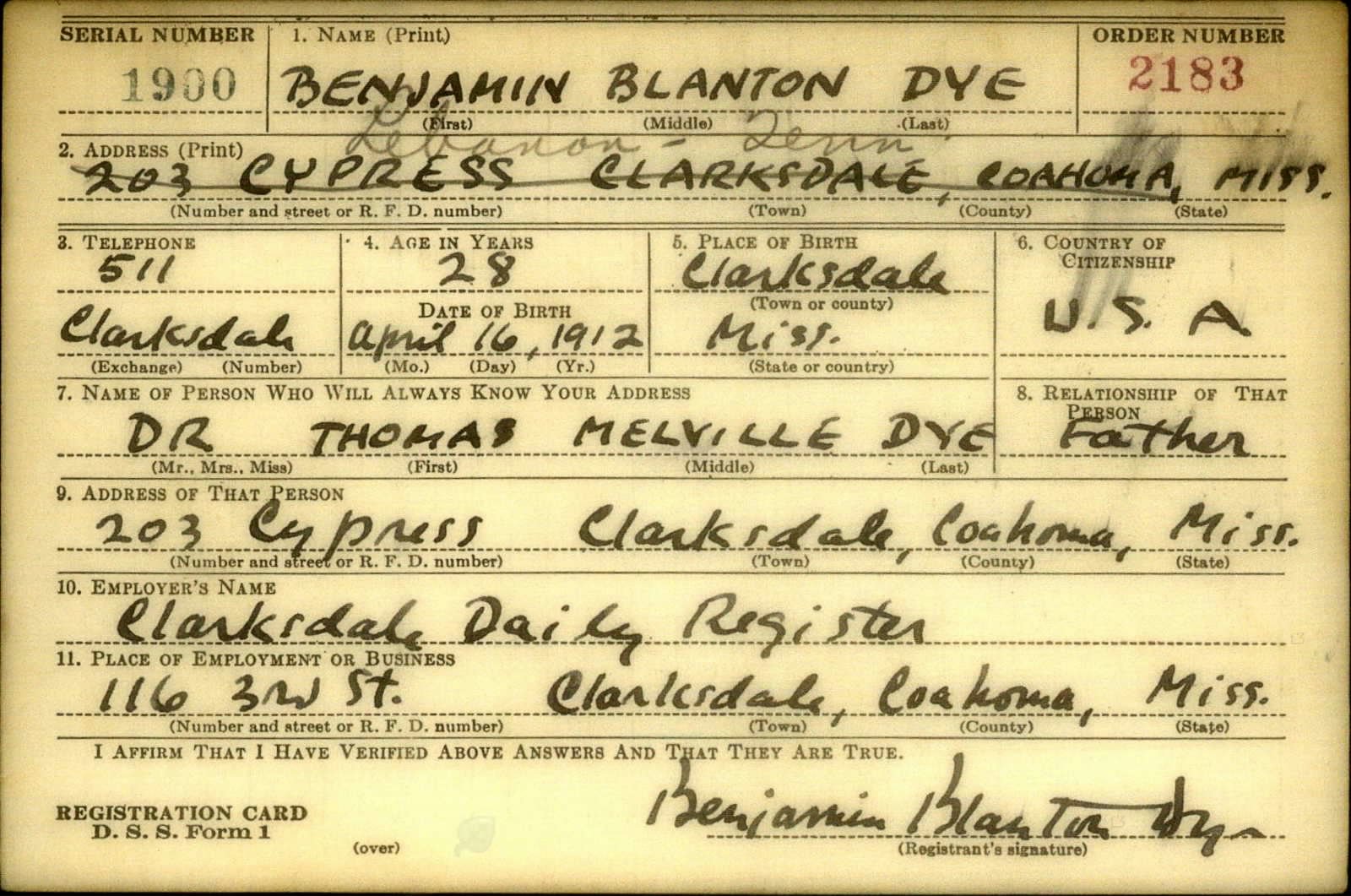 Benjamin Blanton Dye Draft Registration Card