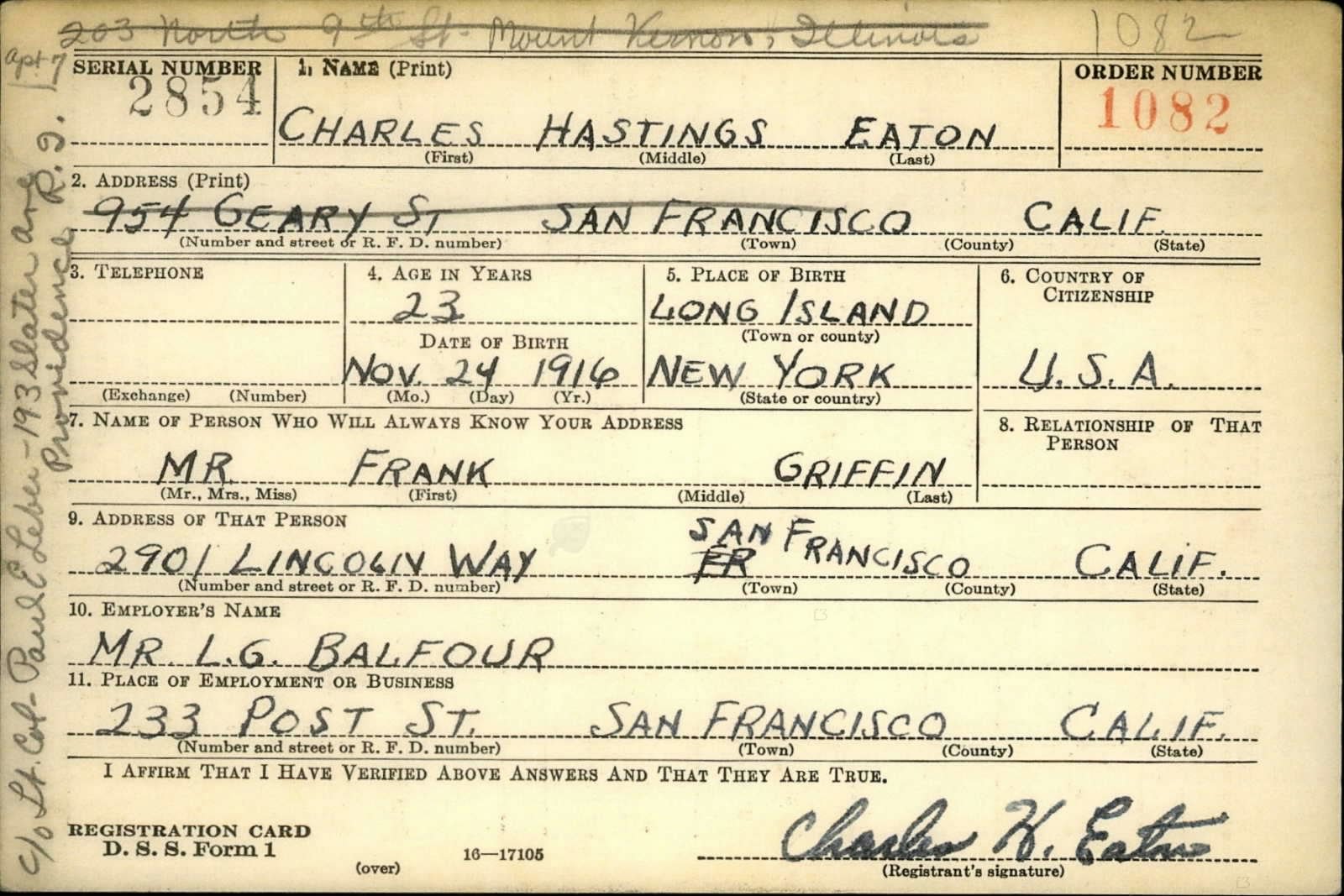 Charles Hastings Eaton Draft Registration Card