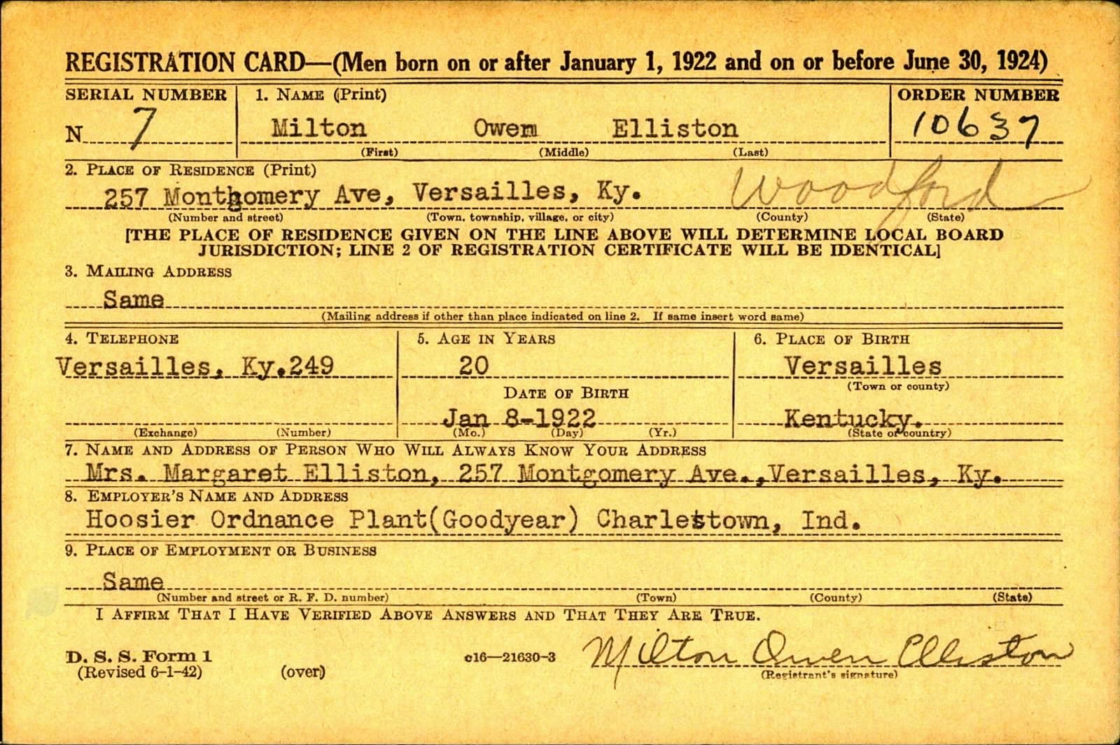 Milton Owen Elliston Jr. Draft Registration Card