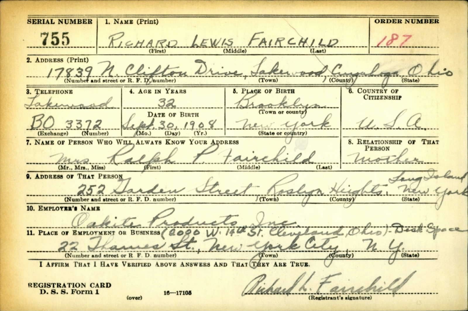 Richard Lewis Fairchild Draft Registration Card