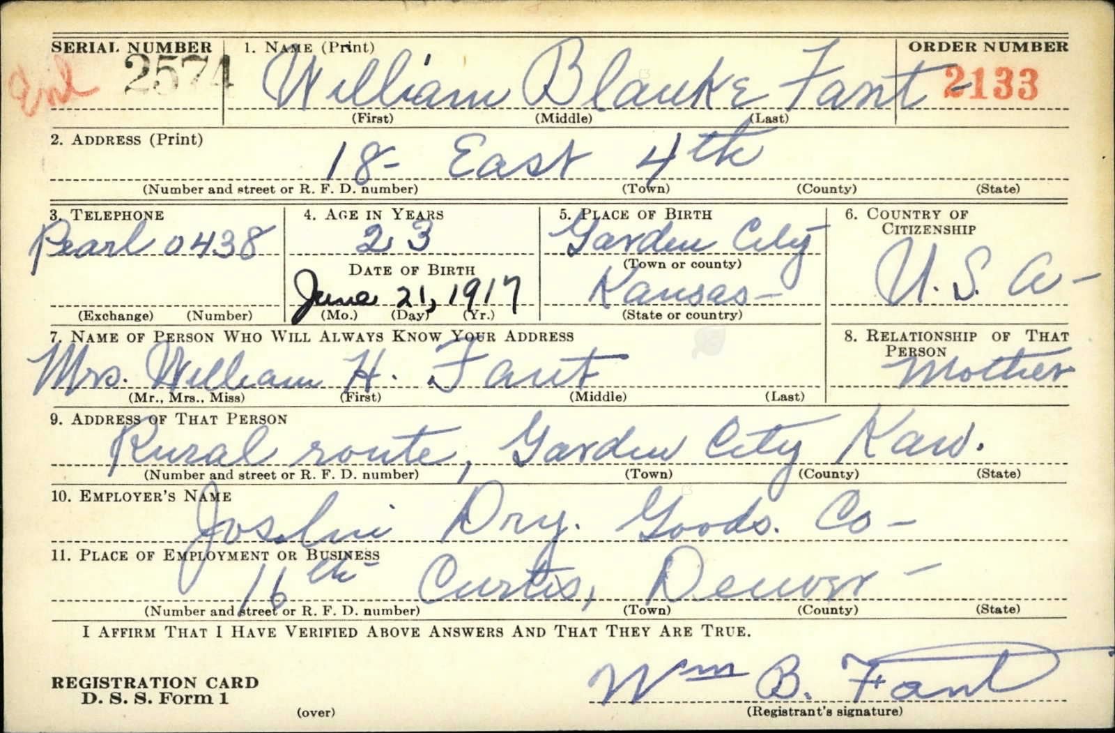 William Blanke Fant Draft Registration Card