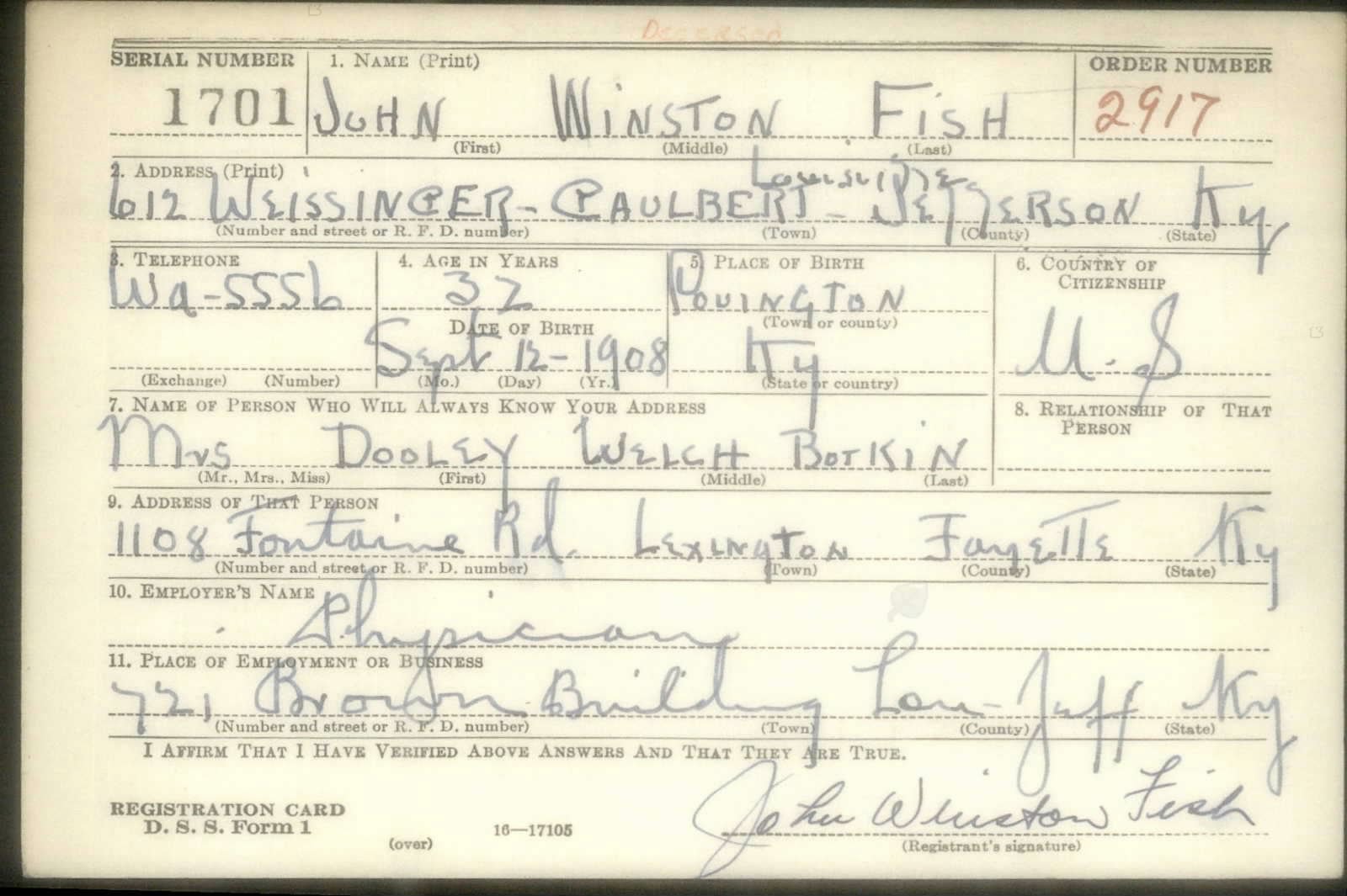 John Winston Fish Draft Registration Card