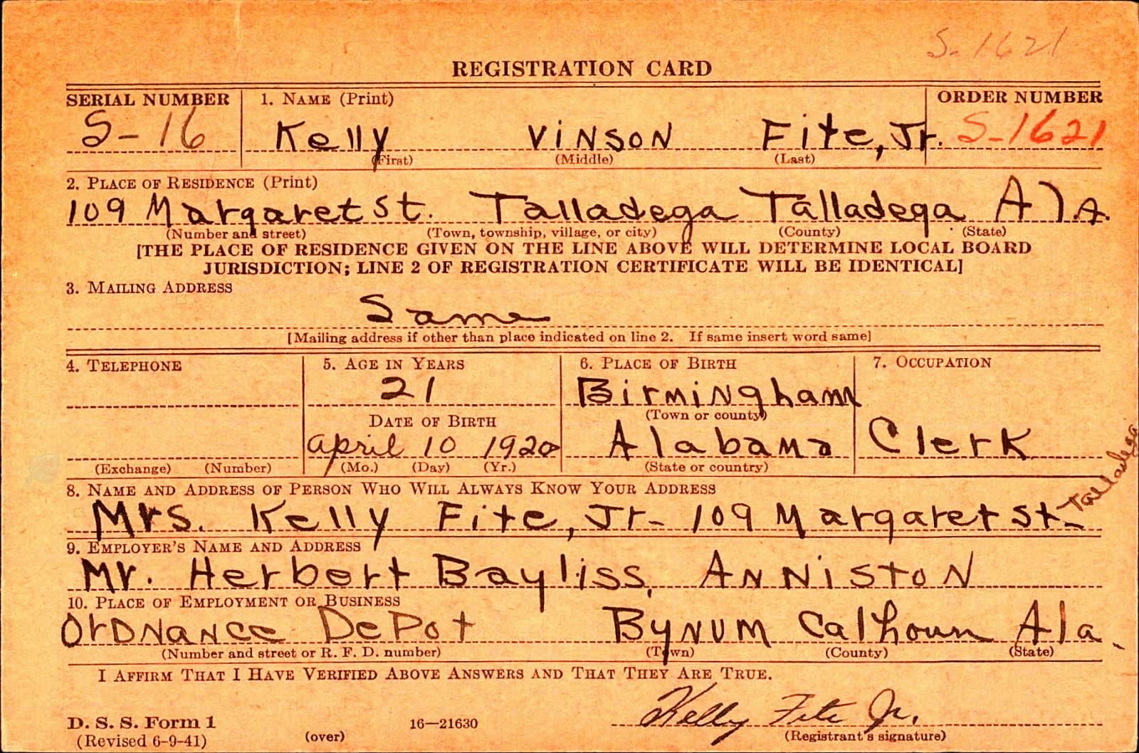 Kelly Vinson Fite Jr. Draft Registration Card