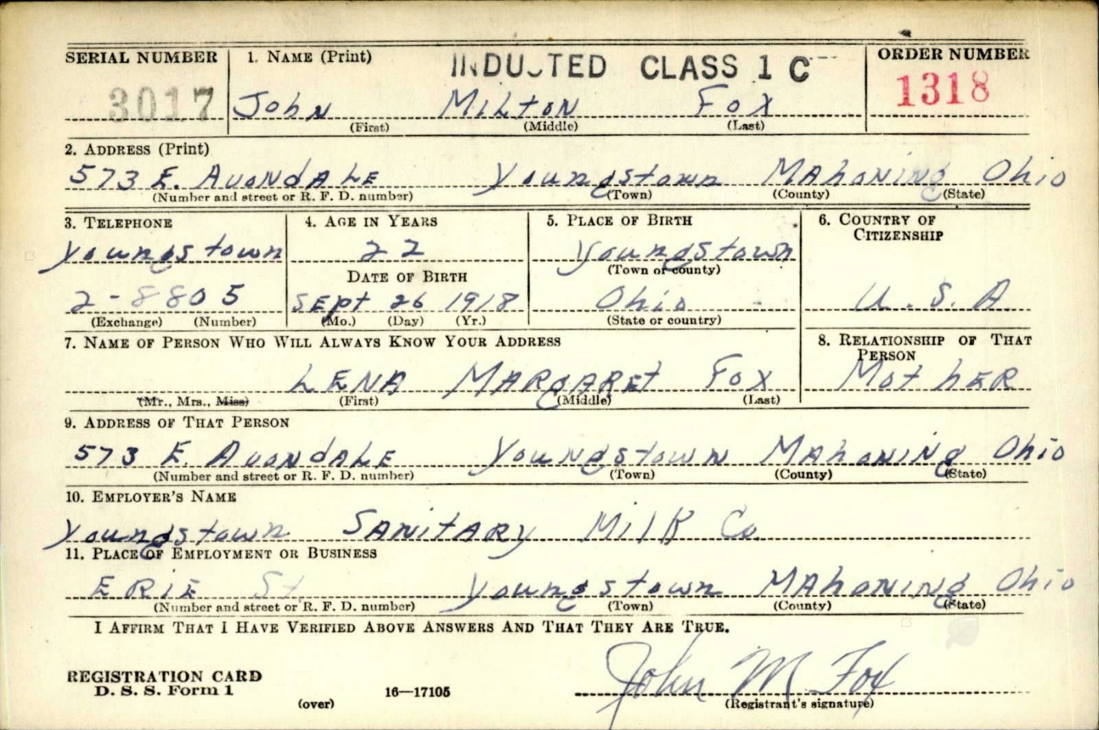 John Milton Fox Draft Registration Card