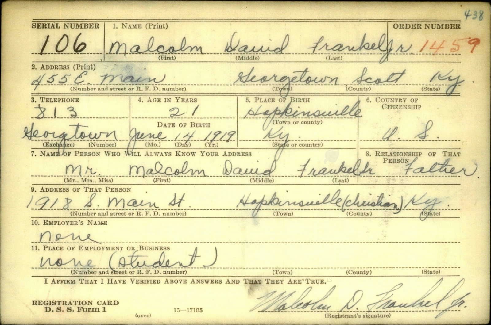 Malcolm David Frankel Jr. Draft Registration Card