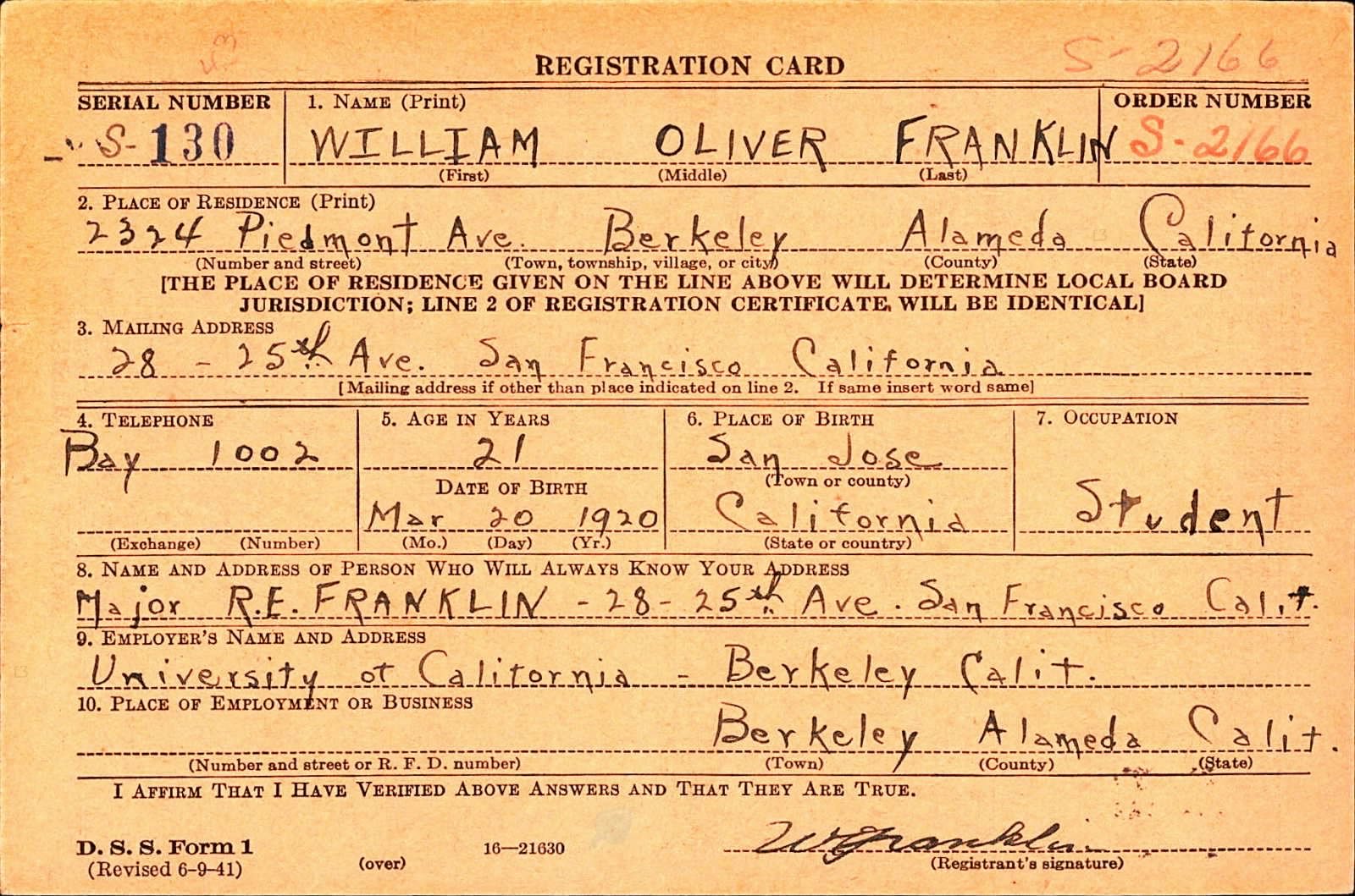 William Oliver Franklin Draft Registration Card