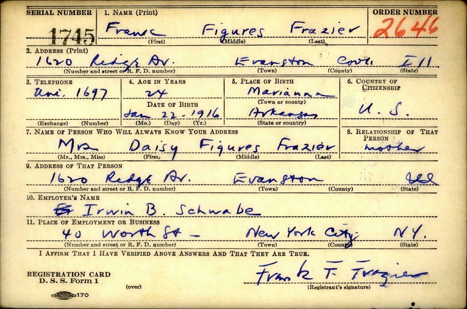 Frank Figures Frazier Draft Registration Card