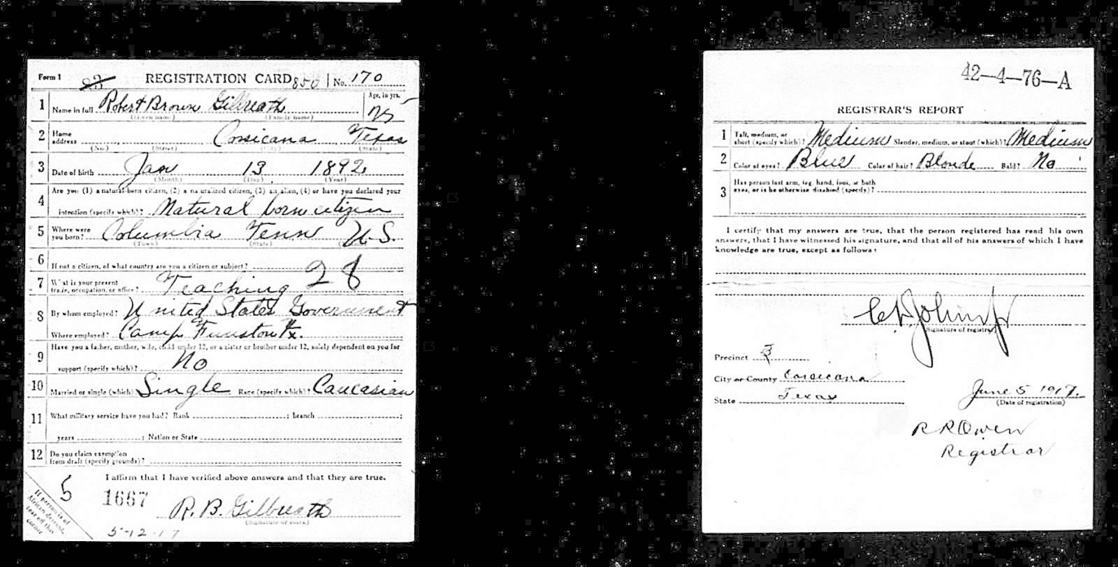 Robert Brown Gilbreath Draft Registration Card