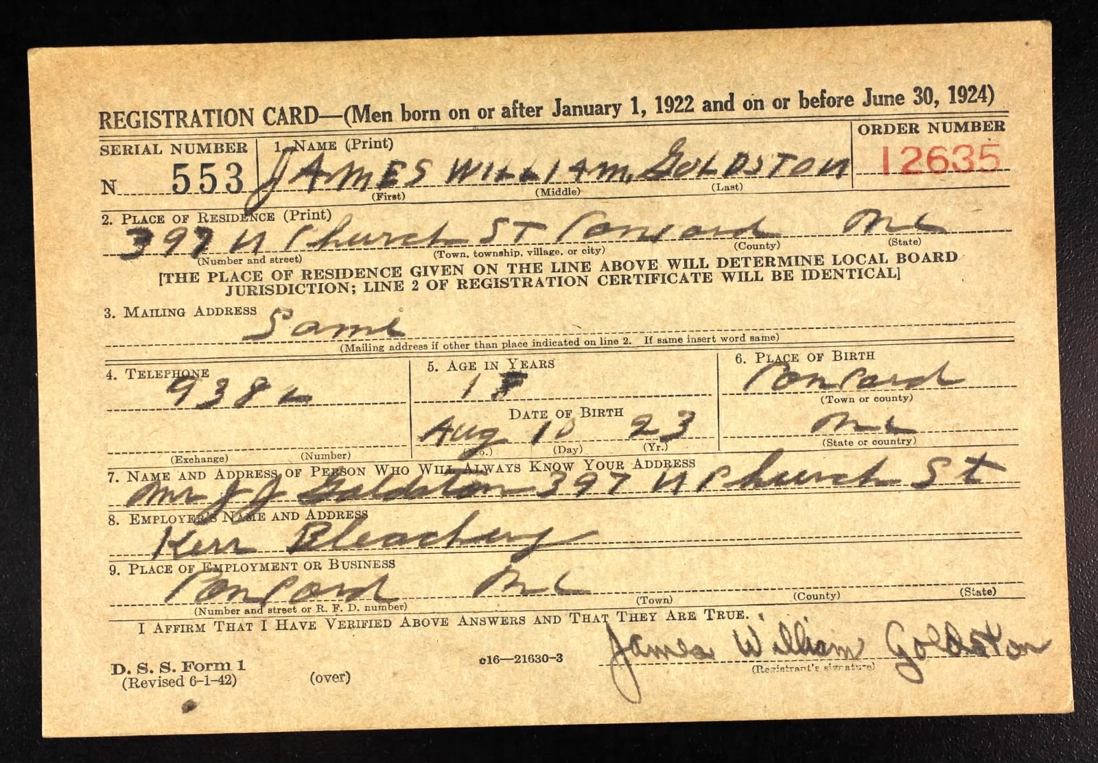 James William Goldston Draft Registration Card