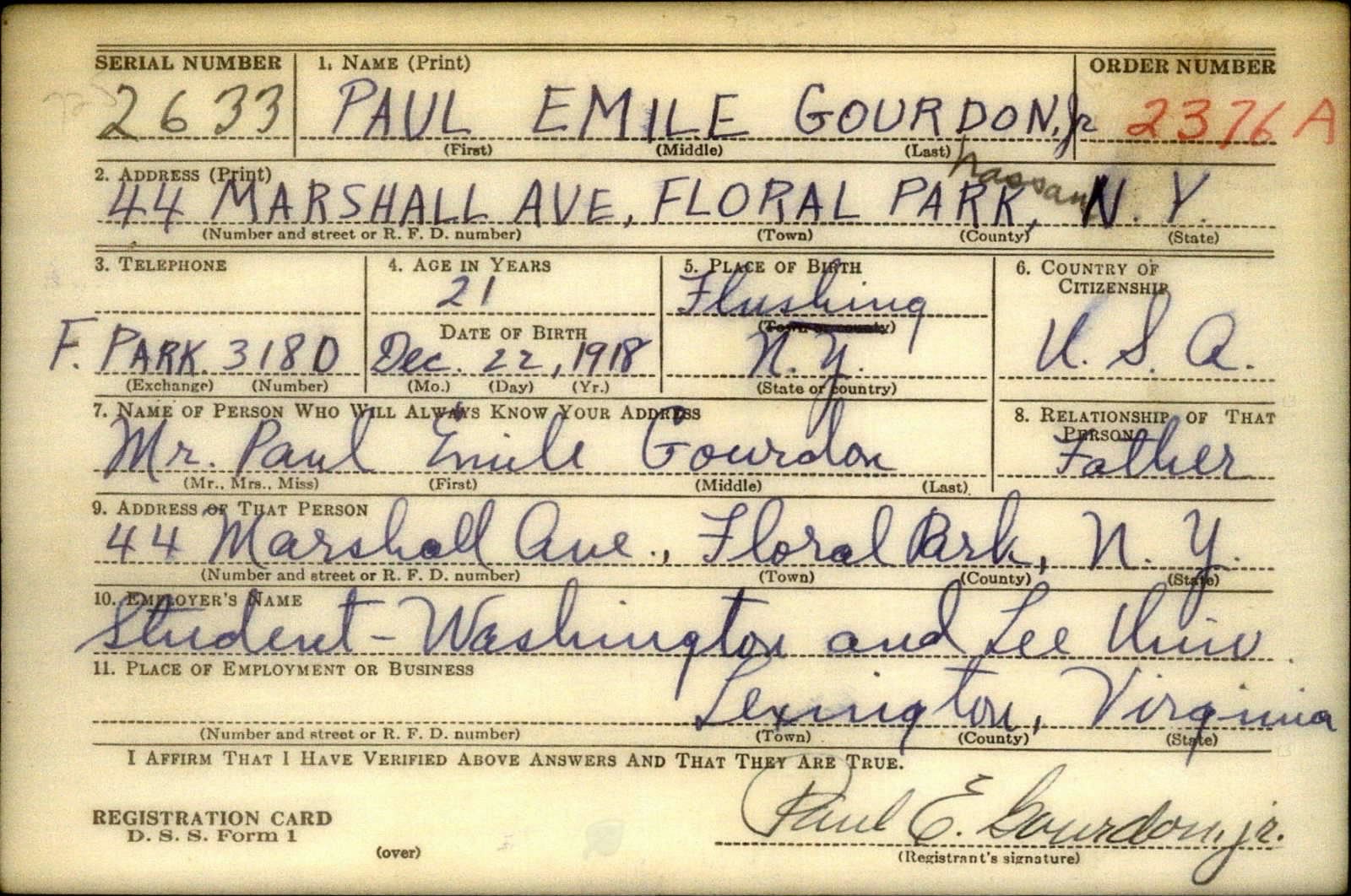 Paul Emile Gourdon Jr. Draft Registration Card