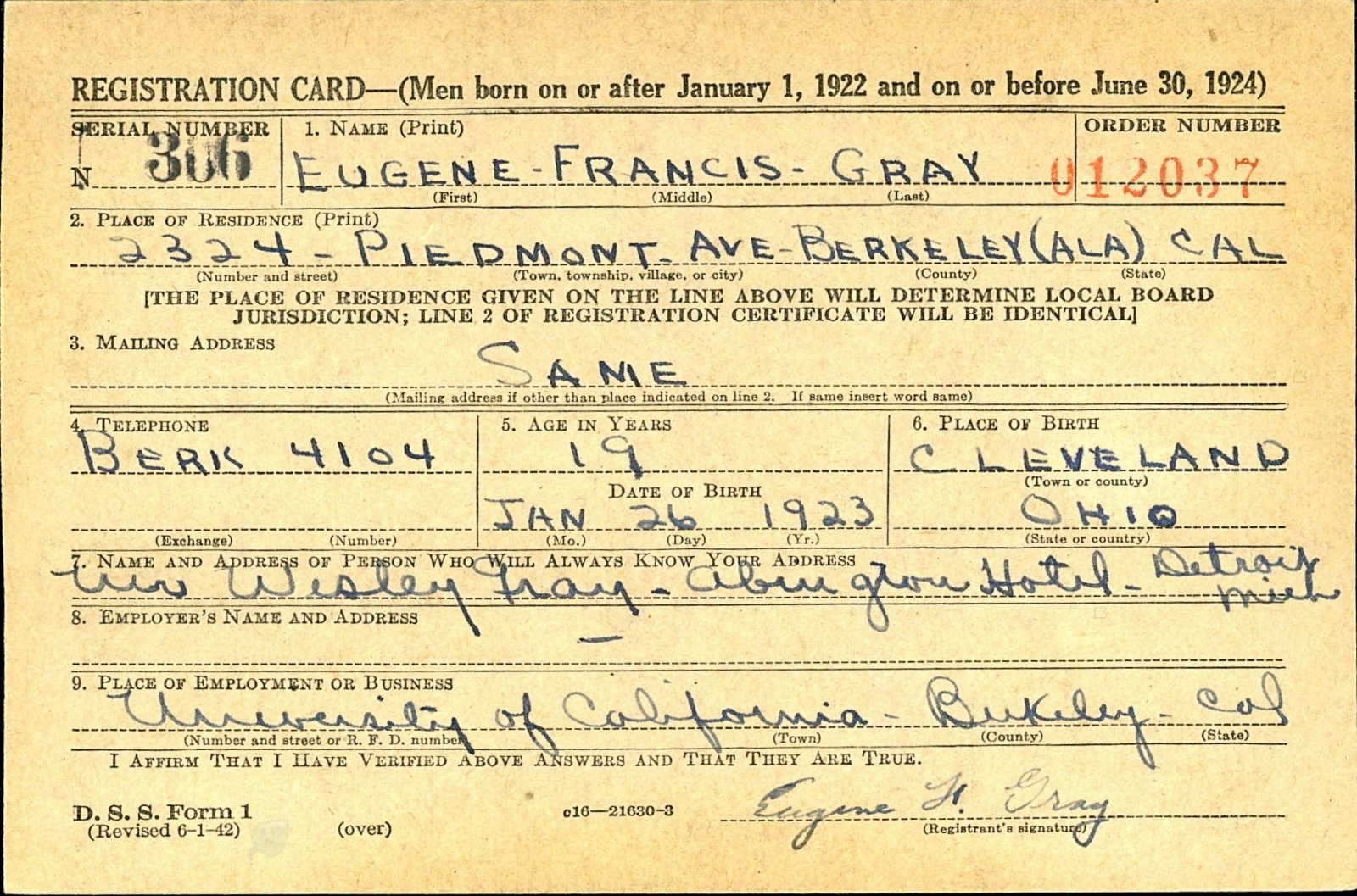 Eugene Francis Gray Draft Registration Card