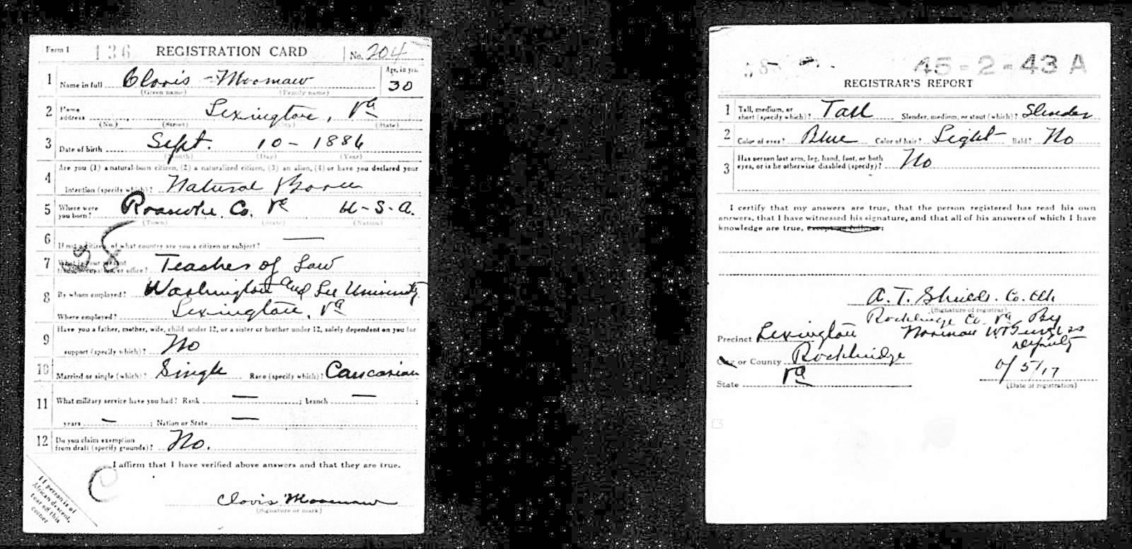 Daniel Clovis Moomaw Draft Registration Card