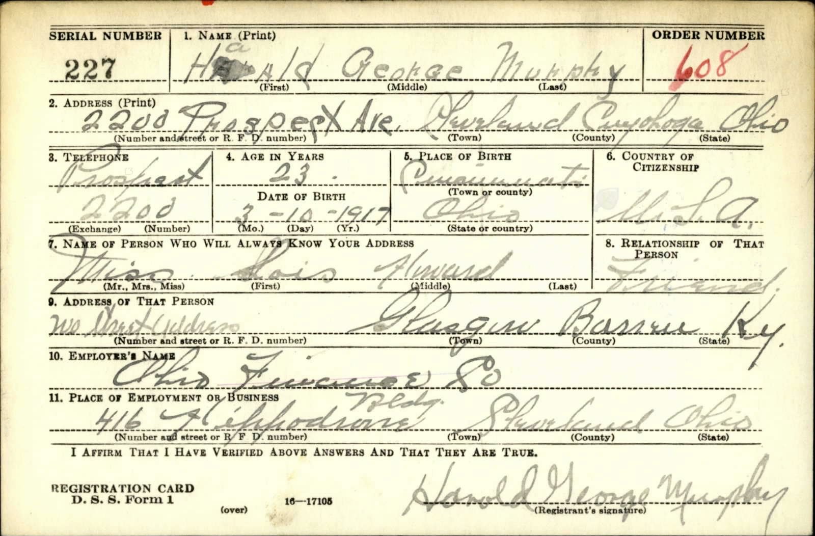Harold George Murphy Draft Registration Card