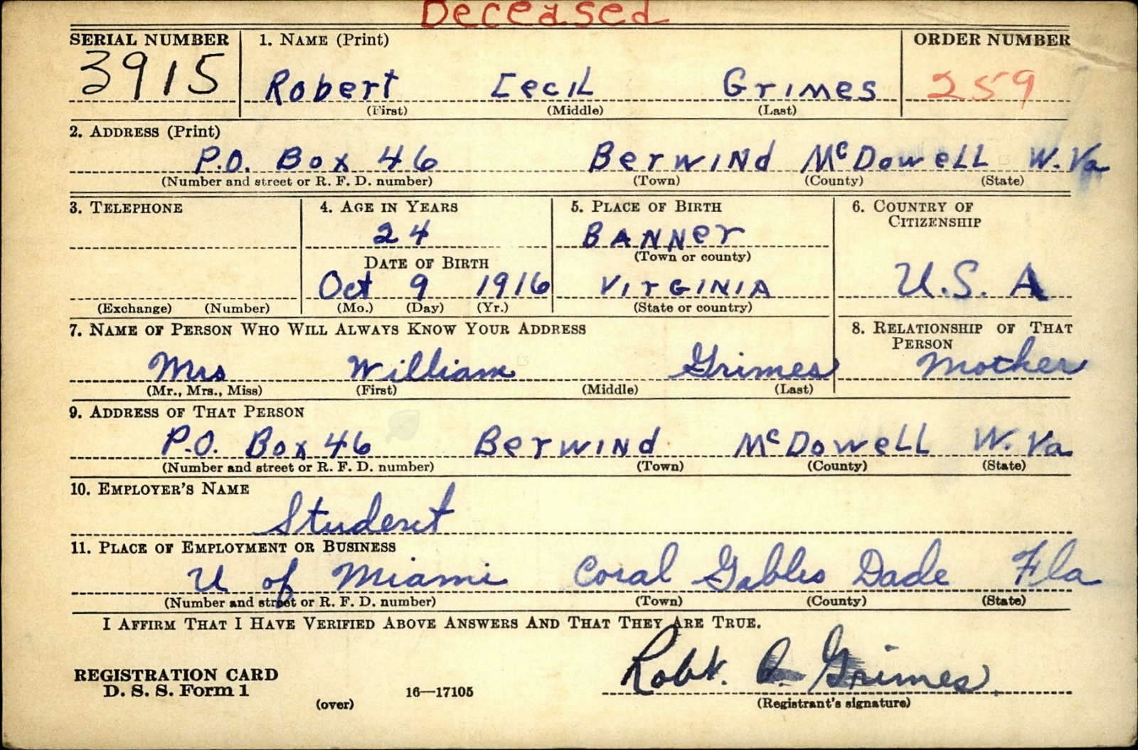 Robert Cecil Grimes Draft Registration Card