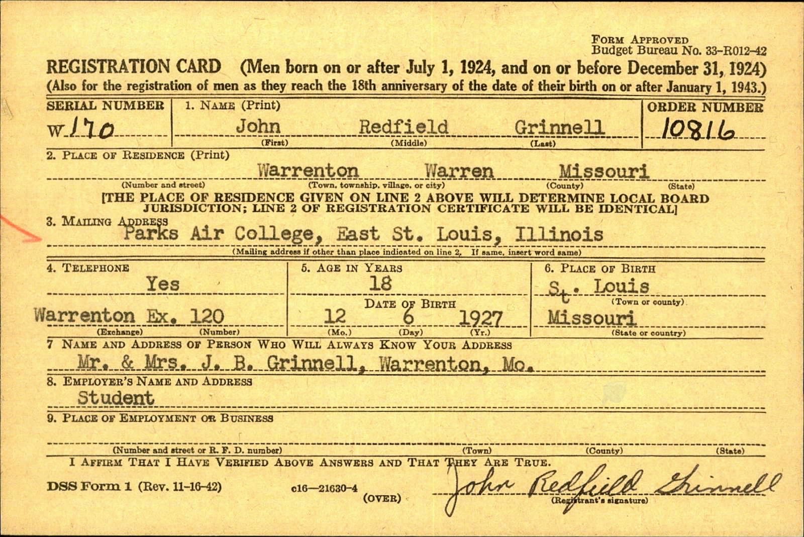 John Redfield Grinnell Draft Registration Card