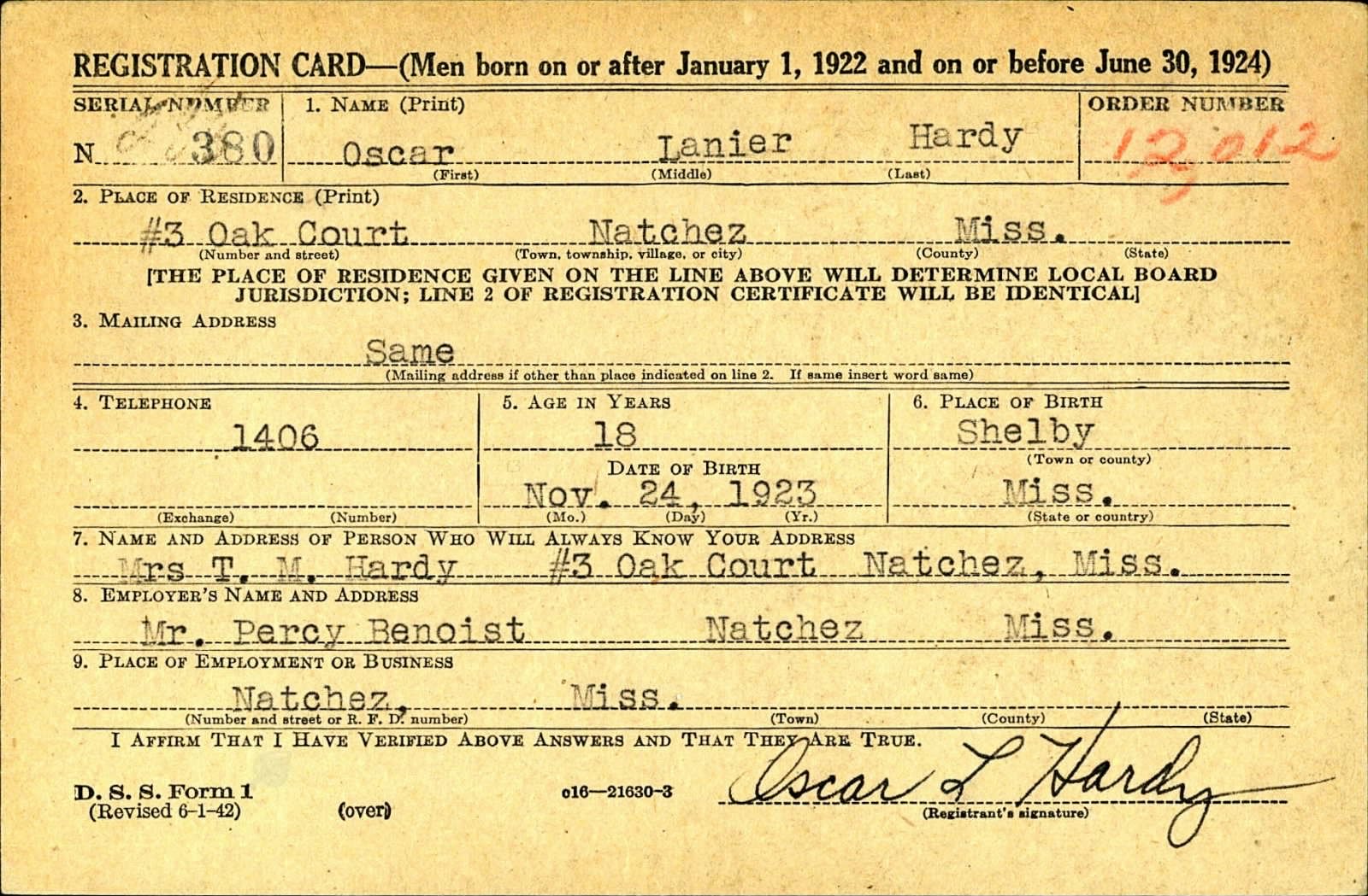 Oscar Lanier Hardy Draft Registration Card