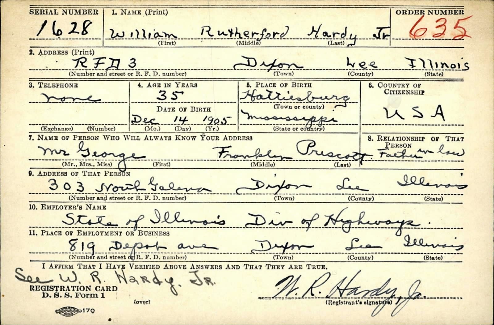 William Rutherford Hardy Draft Registration Card