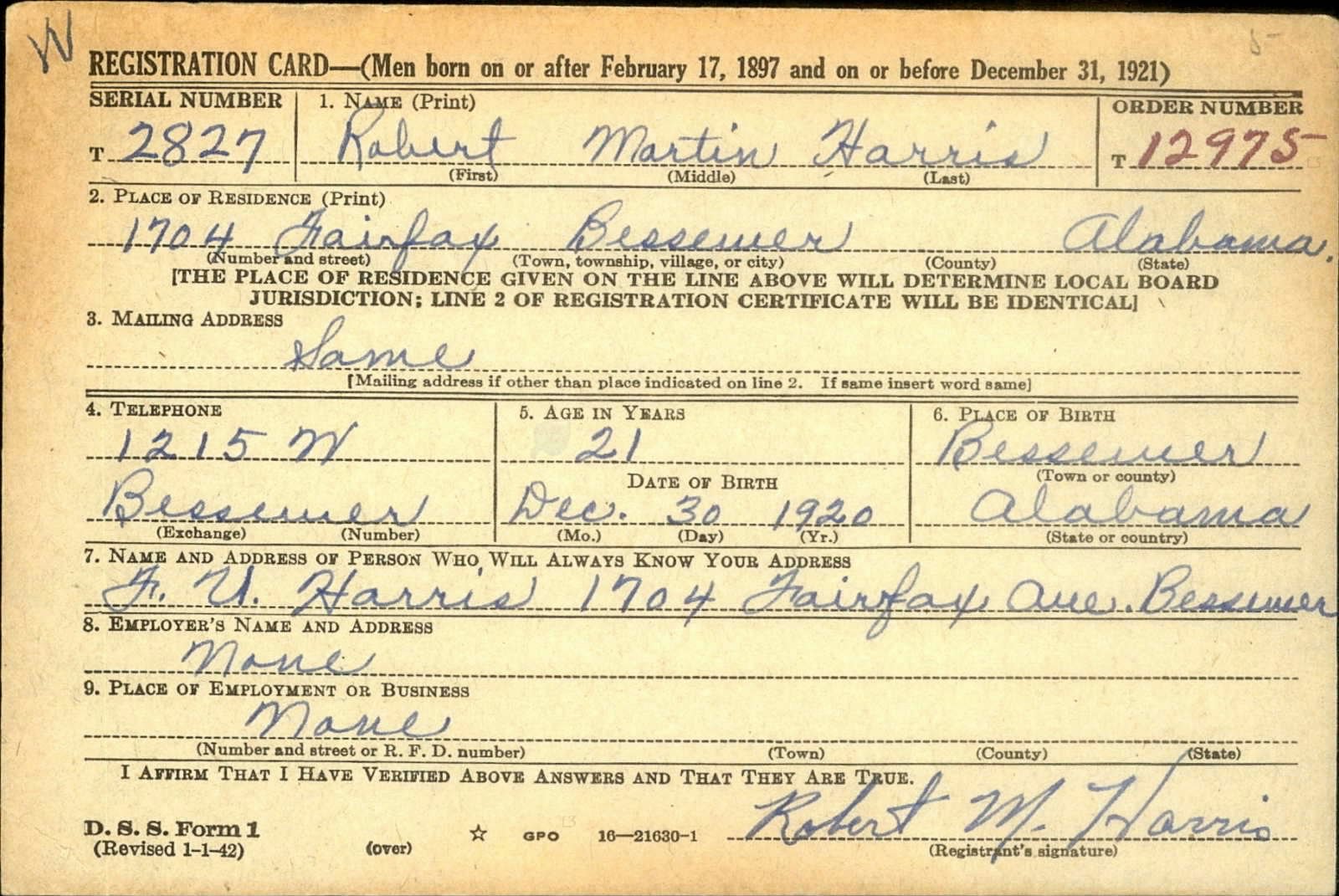 Robert Martin Harris Draft Registration Card