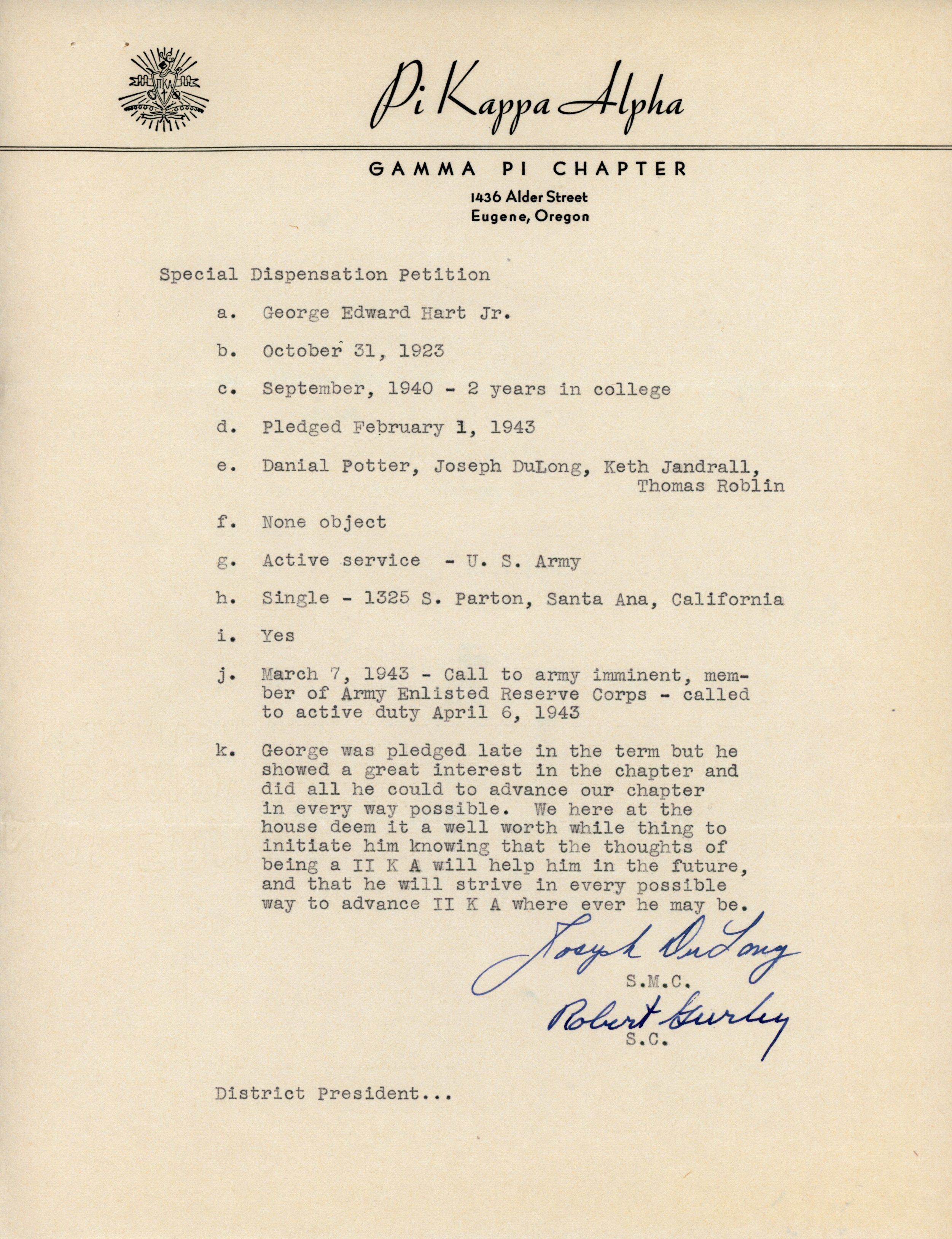 George Edward Hart Jr. Special Dispensation Petition by Gamma Pi Chapter, April 5, 1943