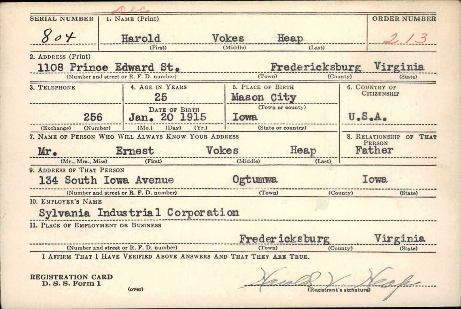 Harold Vokes Heap Draft Registration Card