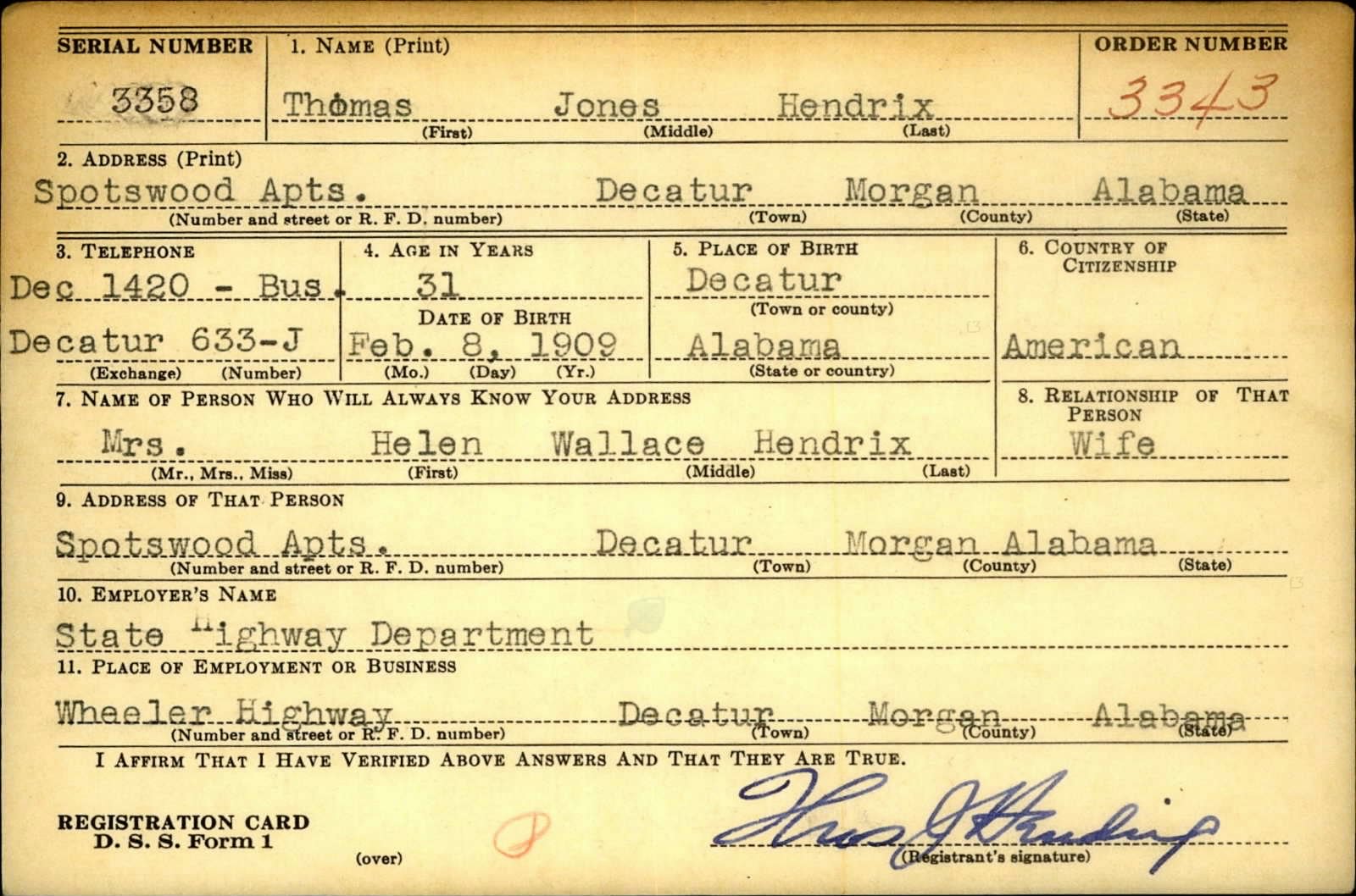 Thomas Jones Hendrix Draft Registration Card