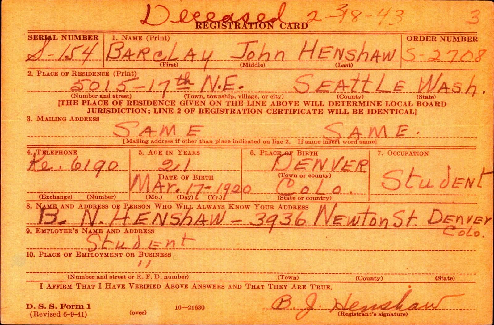 Barclay John Henshaw Draft Registration Card