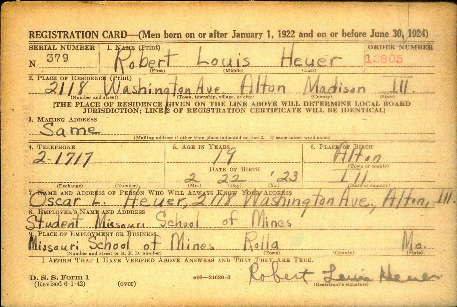 Robert Louis Heuer Draft Registration Card