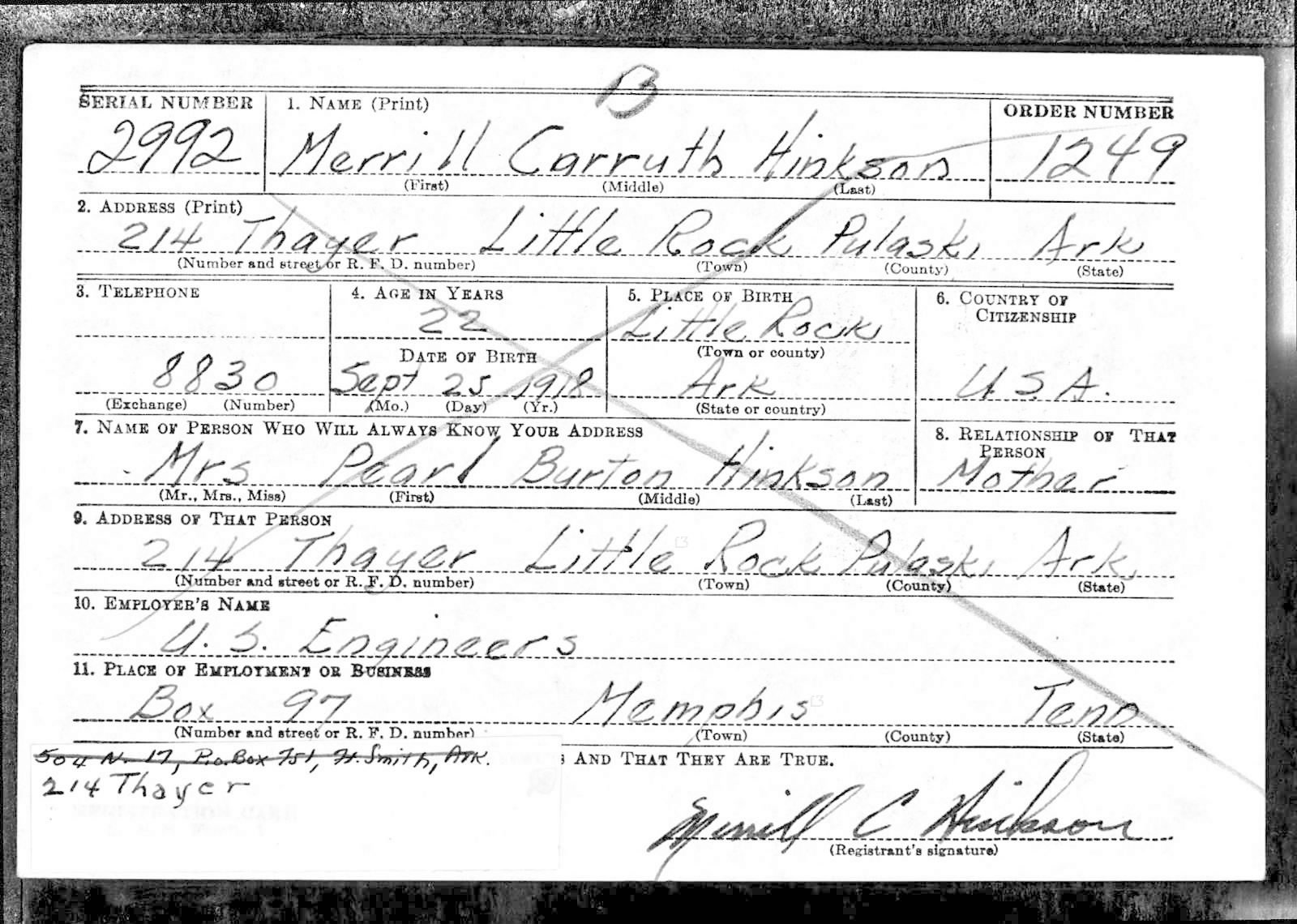 Merrill Carruth Hinkson Draft Registration Card