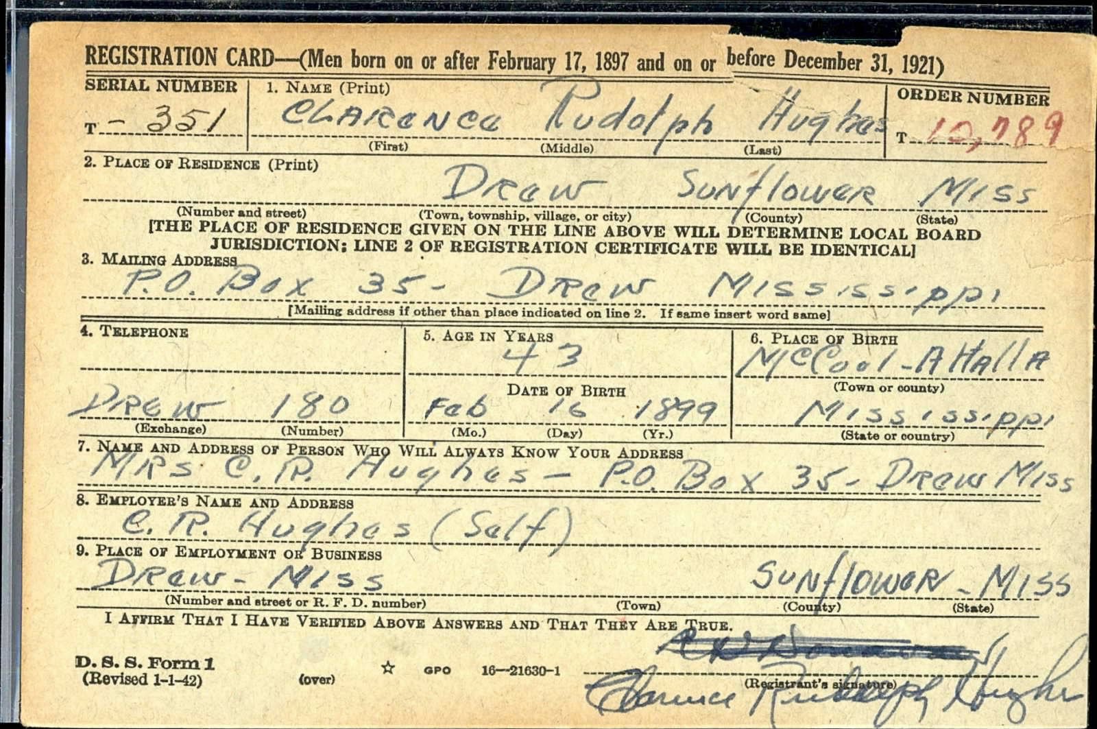 Clarence Rudolph Hughes Jr. Draft Registration Card
