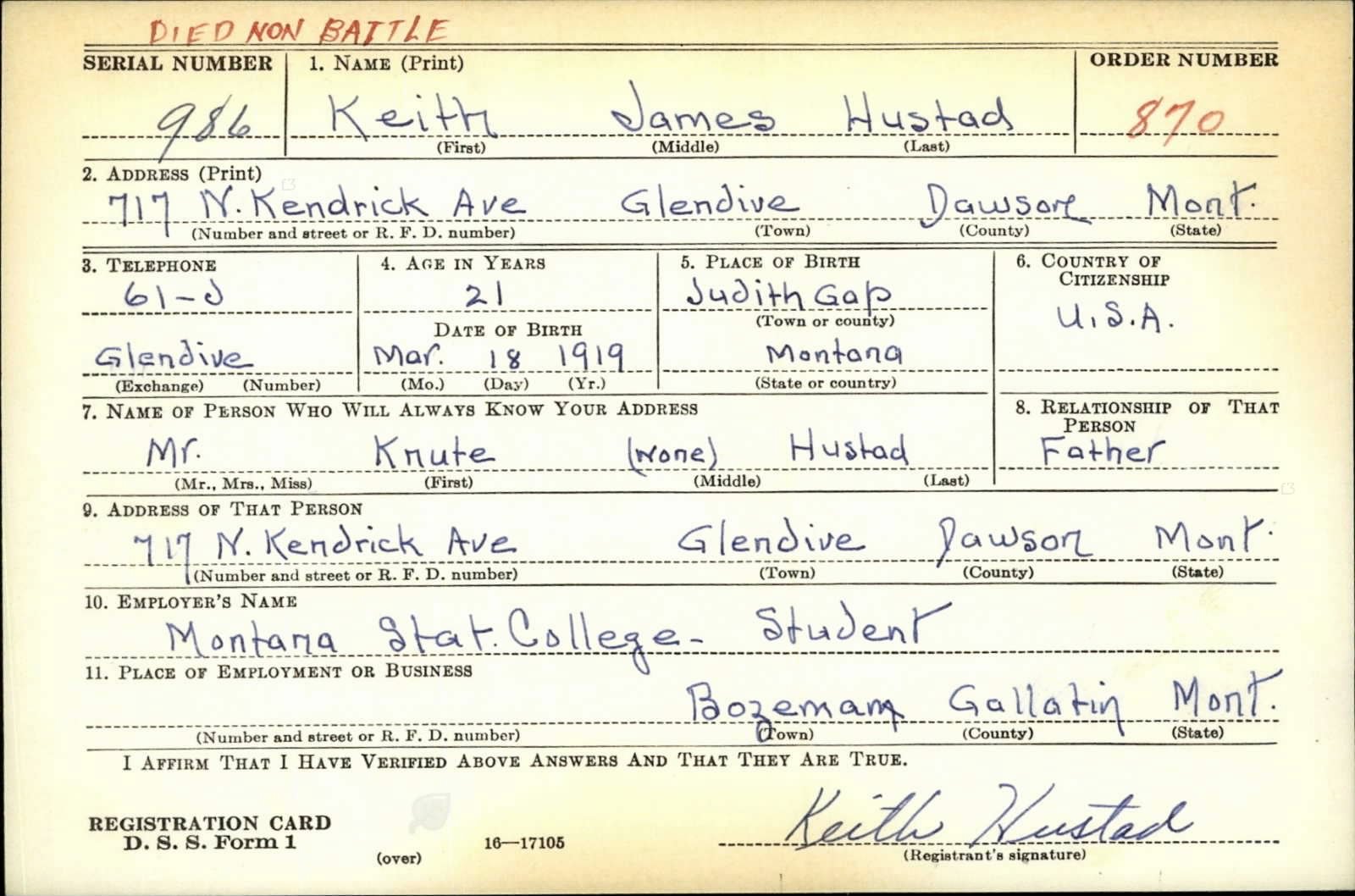 Keith James Hustad Draft Registration Card