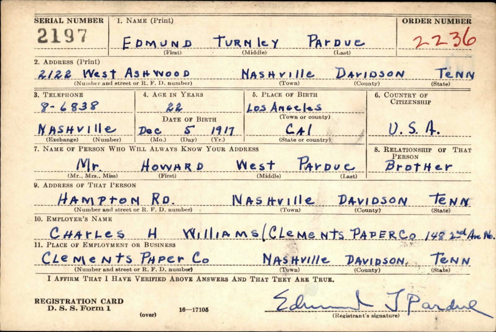 Edmund Turnley Pardue Draft Registration Card