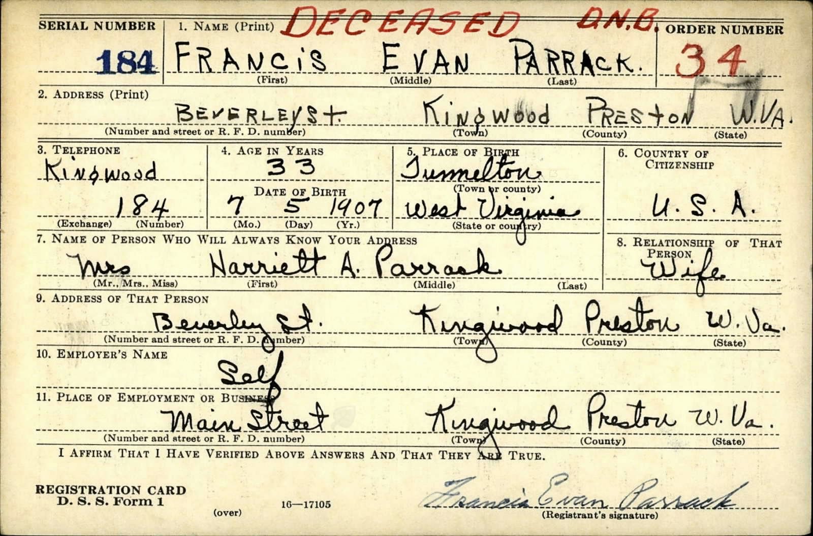 Francis Evan Parrack Draft Registration Card