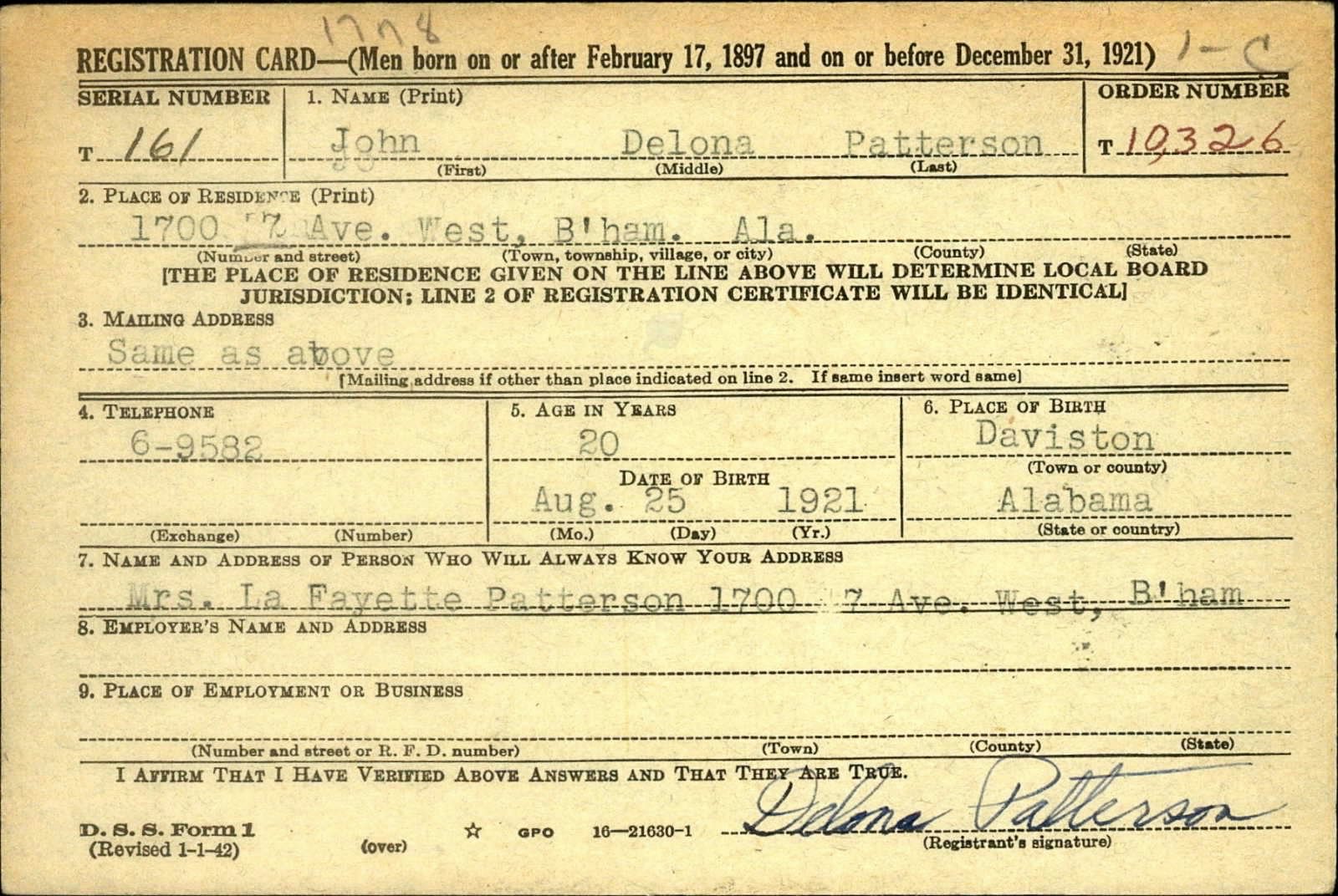 John Delona Patterson Draft Registration Card