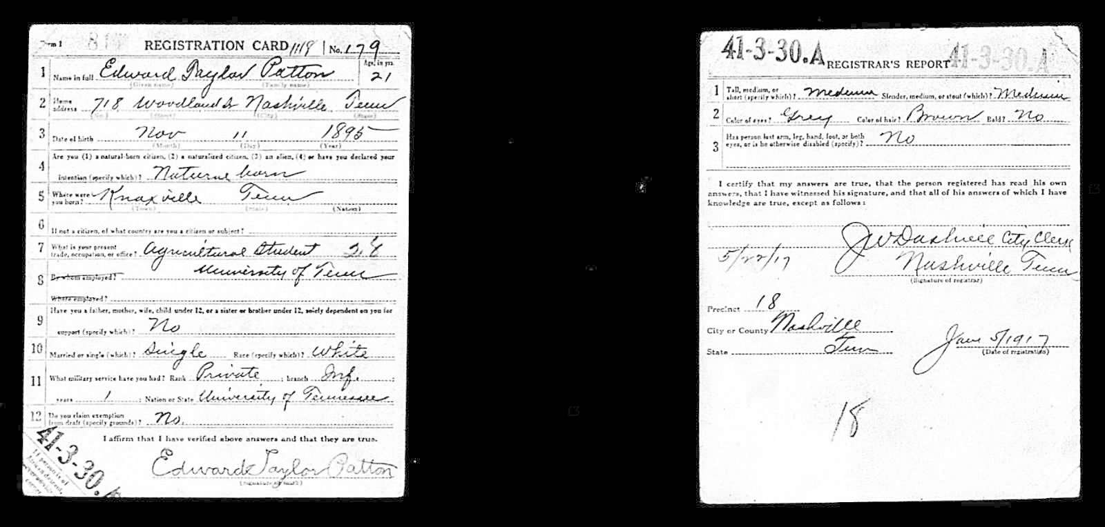 Edward Taylor Patton Draft Registration Card