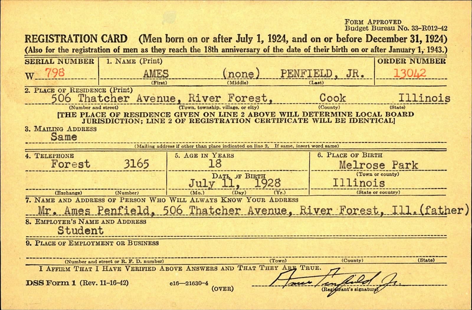 Ames Penfield Jr. Draft Registration Card