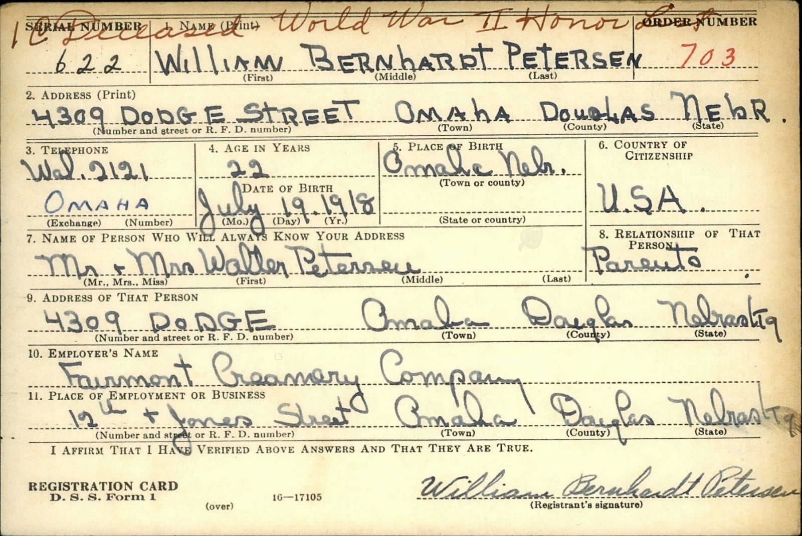 William Bernhardt Petersen Draft Registration Card